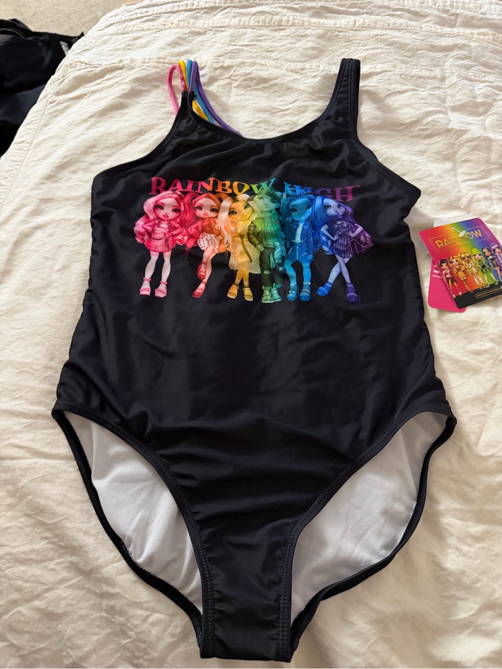 Rainbow Black Swimsuit with Multicolor Strap Accents